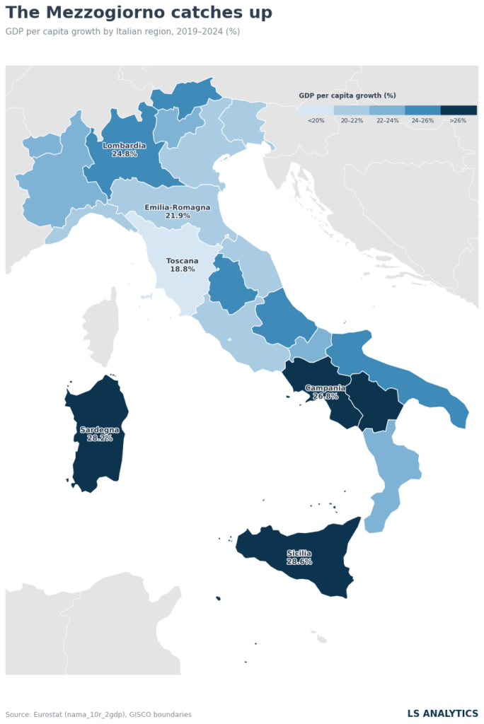 Italy's regional GDP per capita growth, 2019 to 2024